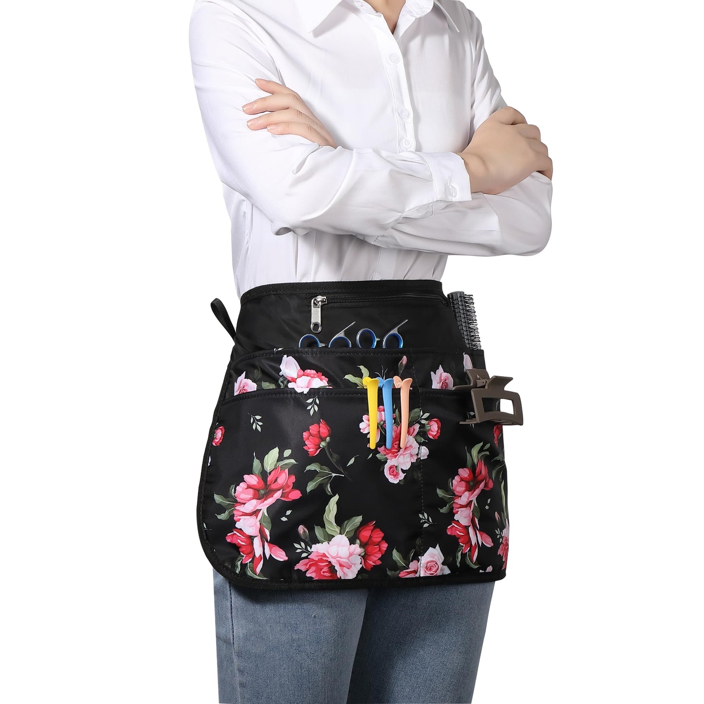 Bafelia Barber Apron with 6 Pockets, Waterproof and Bleach-proof Hair Stylist Apron for Men Women,Hairdresser Apron for Cosmetology (Peony)