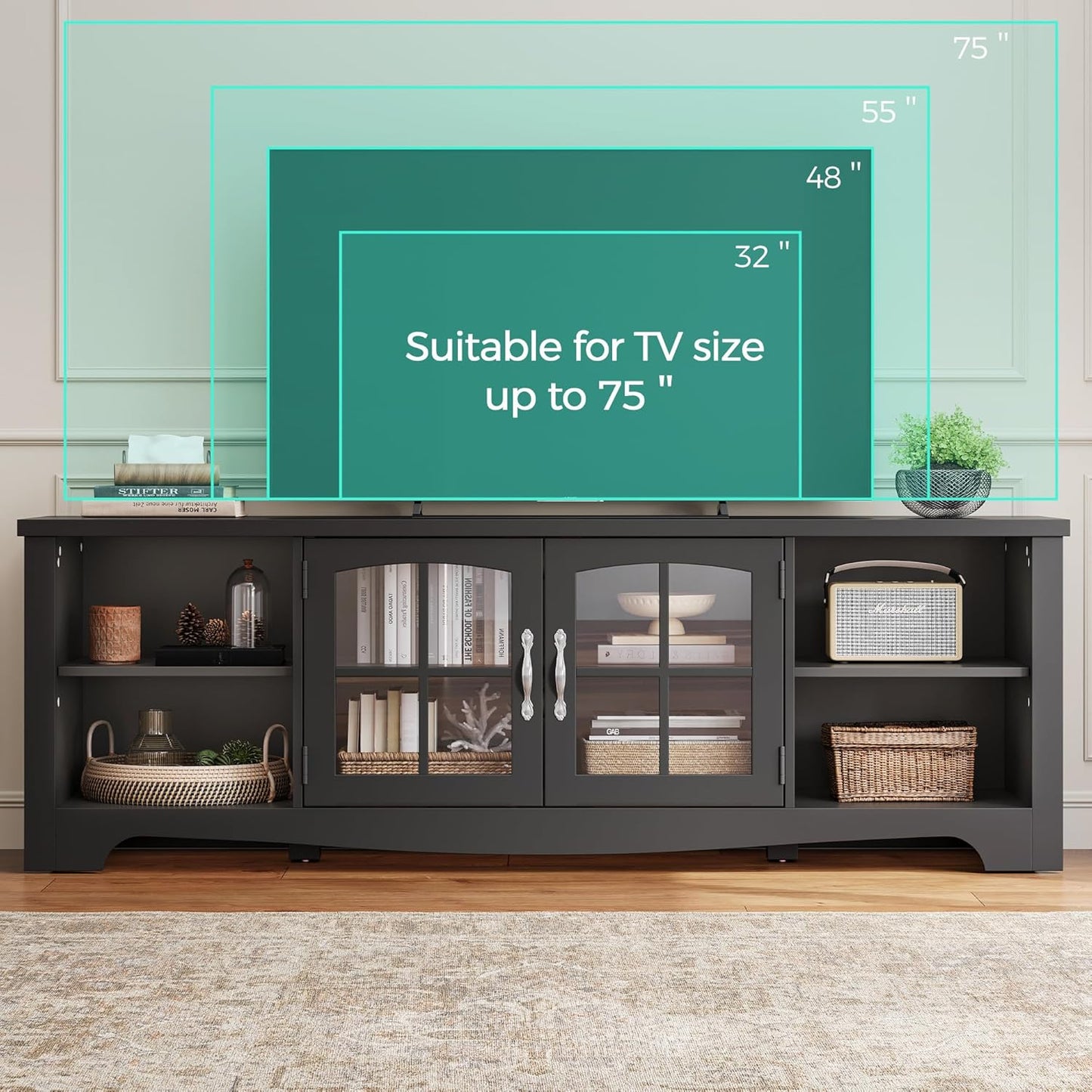 LINSY HOME TV Stand for 75 Inch TV, Modern Farmhouse Entertainment Center with Storage Cabinets and Glass Doors, Tall Media Console Table for Living Room, Bedroom, Large Long Television Stand, Black