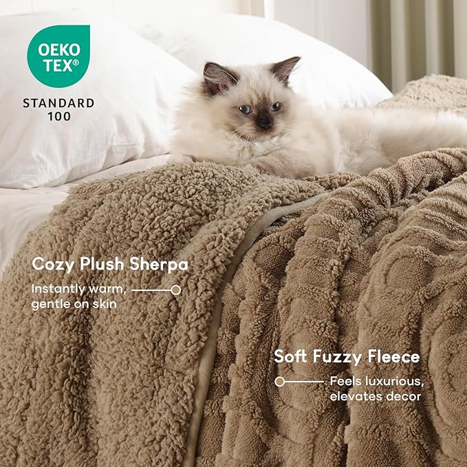 Cottonblue Jacquard Weighted Blanket for Adults 15 lbs Queen Size, Cozy Fluffy Sherpa Fleece Weighted Throw Blankets 60" x 80" for Sleep Relax, Fuzzy Warm Arch Heavy Blanket Soft for Bed Couch, Khaki