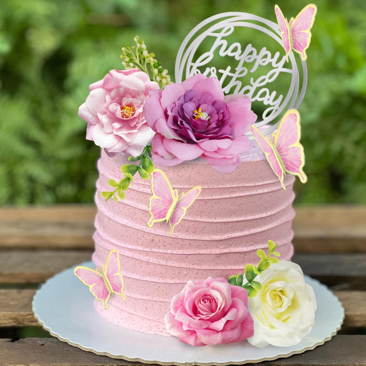 19 PCS Flower Cake Toppers Butterfly Cake Decorations with Artificial Pink Rose Flowers Eucalyptus Butterflies for Girls Birthday Party Wedding Baby Shower Supplies (HOT PINK)