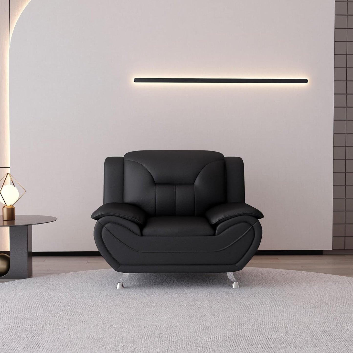 Container Furniture Direct Michael Modern Faux Leather Upholstered Stainless Steel Legs Living Room Sofa, Chair, Black
