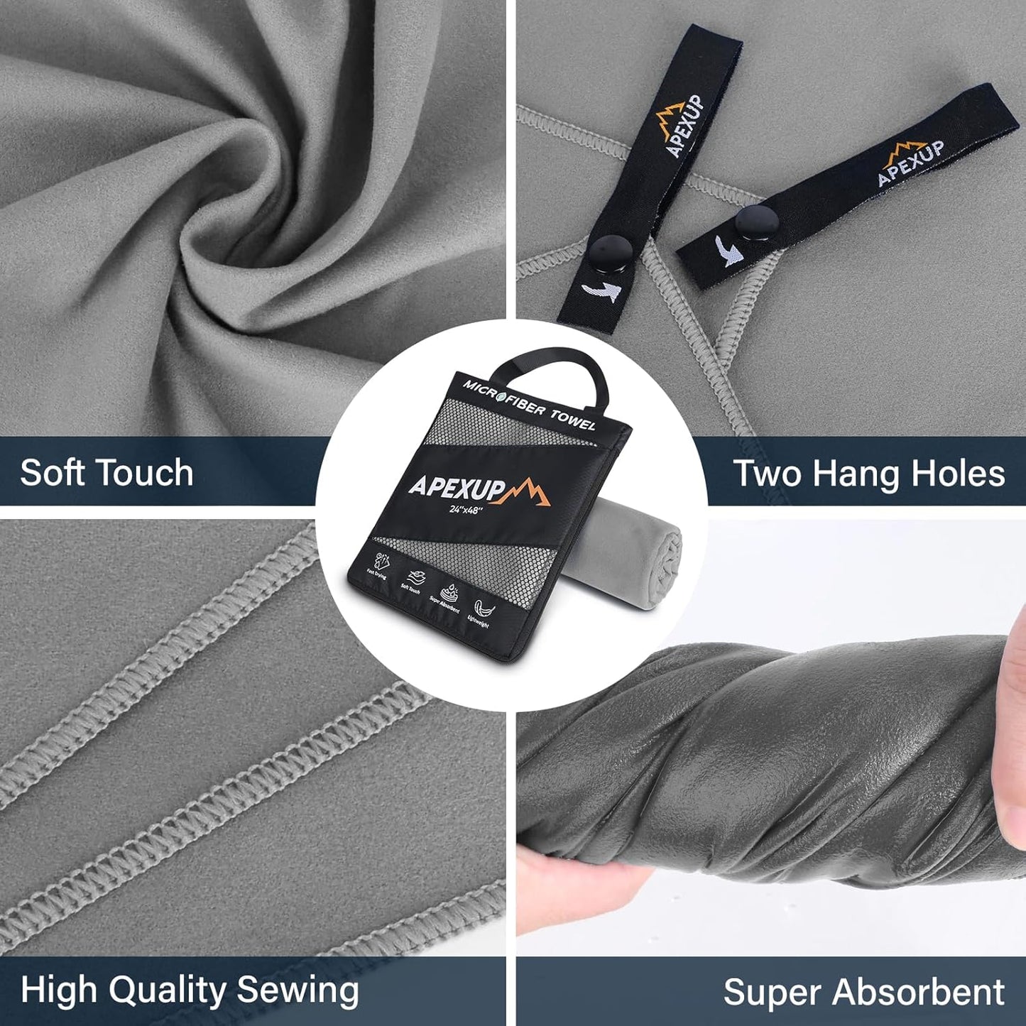 APEXUP Microfiber Travel Towel, Ultra Absorbent Quick Dry Towels, Lightweight Gym Sports Camping Towel for Workout, Yoga, Beach, Shower, Swimming (60"×30", Gray)