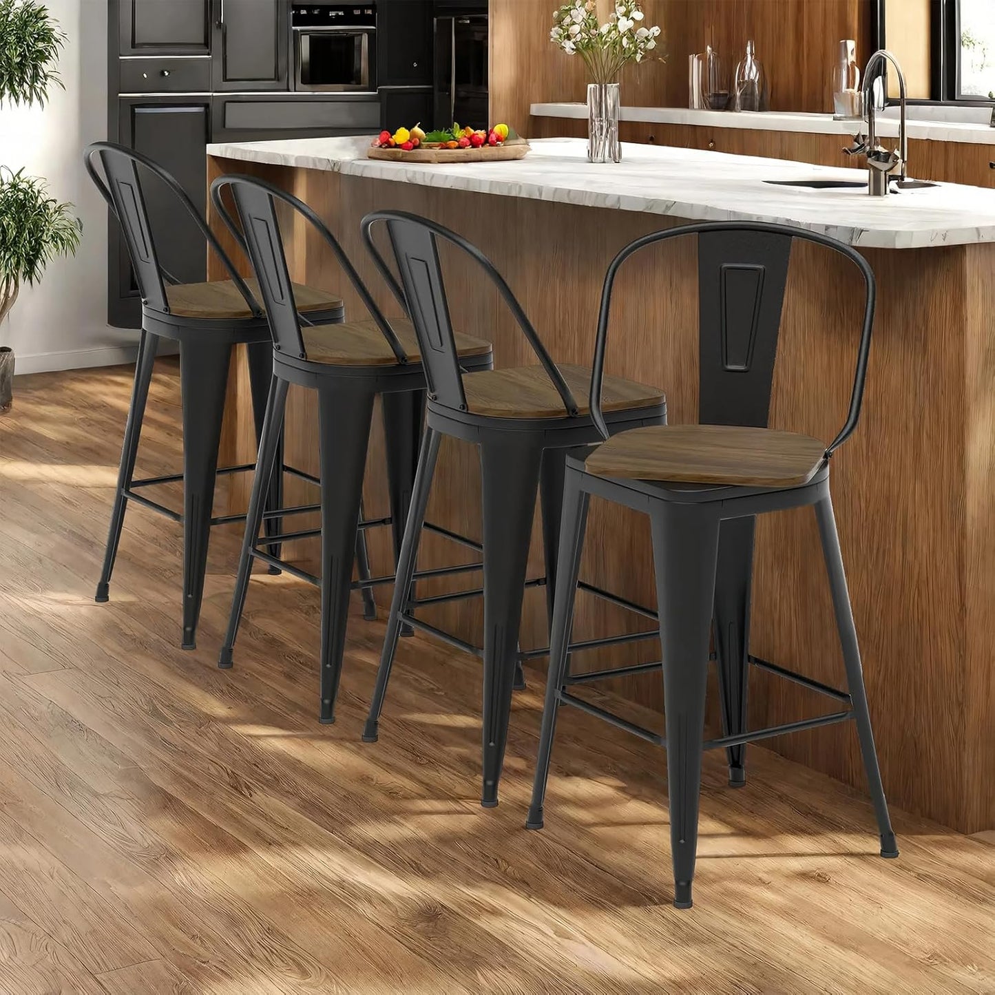 26” Swivel Bar Stools Set of 4, Counter Height Bar Stools Wooden Seat, Metal Industrial Bar Chairs with High Back for Kitchen Island (Black)