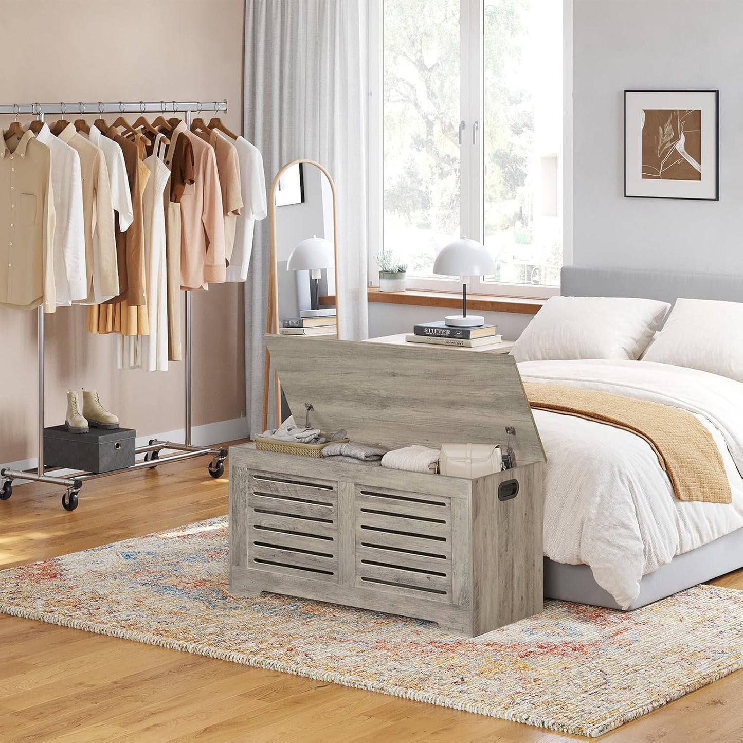 DINZI LVJ Storage Chest, Flip-Top Wooden Toy Box with 2 Safety Hinges, Retro Entryway Shoe Bench, Sturdy Large Storage Trunk for Living Room, Bedroom, Toddler Room, Easy Assembly, Grey Wash