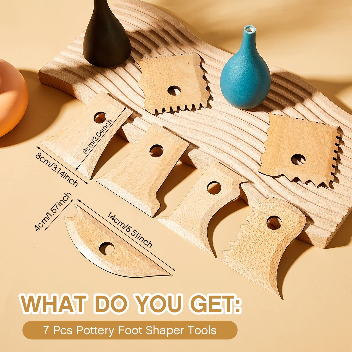 Amylove 7 Pcs Pottery Tools Pottery Foot Shaper Trimming Tools Profile Rib Bundle Foot Shaper for Ceramics for Carving Clay Molds Clay Texture Ribs Ceramics, Beech Wood (Stylish Style,Wood Color)