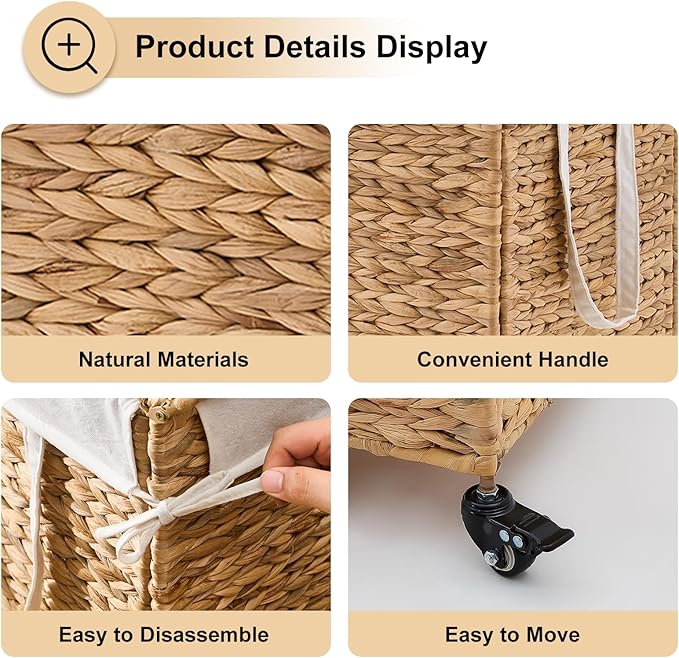 Rolling Laundry Hamper with Lid and Wheels, Slim Laundry Basket with Removable Liner Bag & 2 Mesh Bags, Handwoven Water Hyacinth Clothes Hamper for Bedroom Bathroom (Natural, 65L)