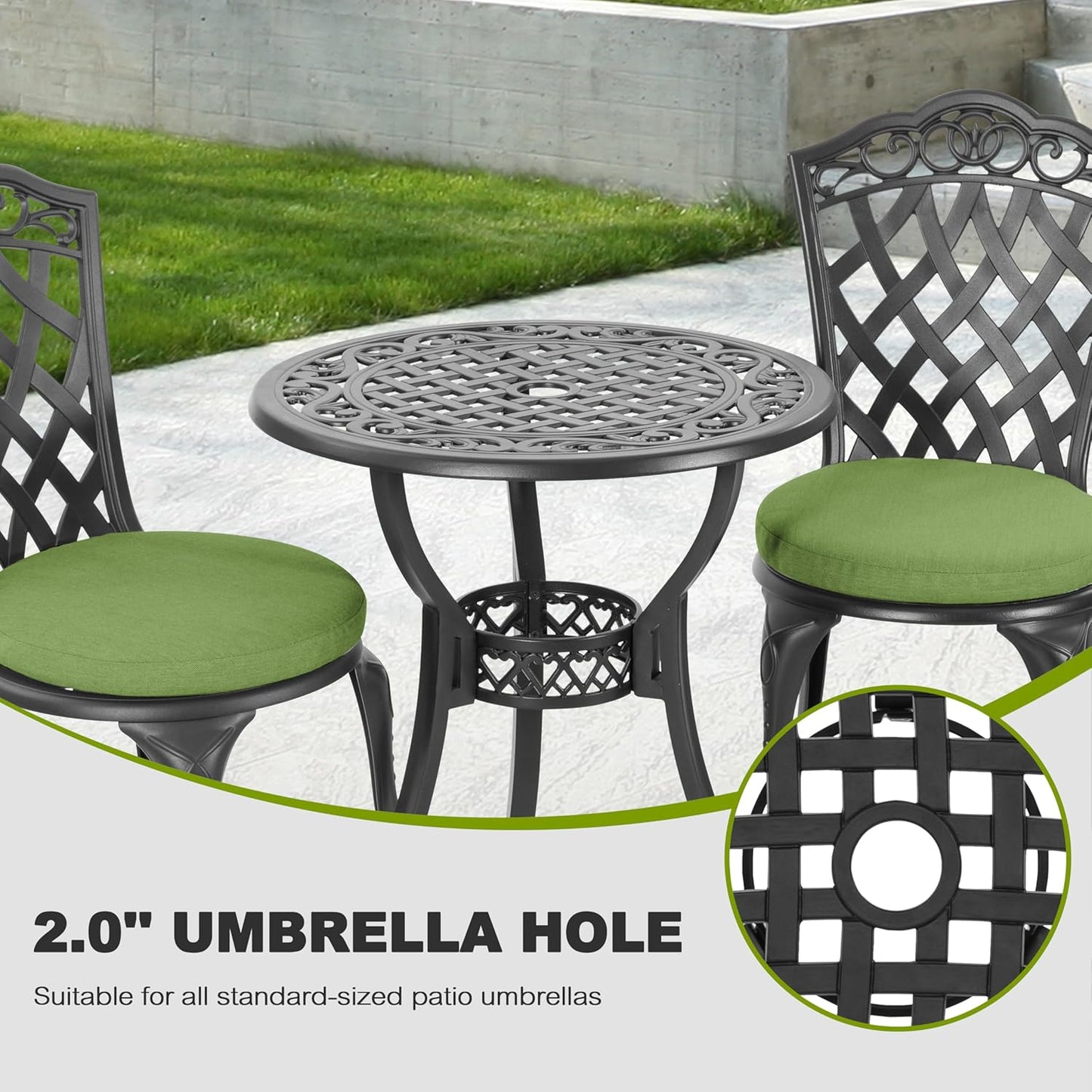 NUU GARDEN 3-Piece Patio Bistro Set Outdoor Cast Aluminum Bistro Table and Chairs Set of 2, Outdoor Patio Bistro Set with Umbrella Hole and Green Cushions for Patio Balcony, Black