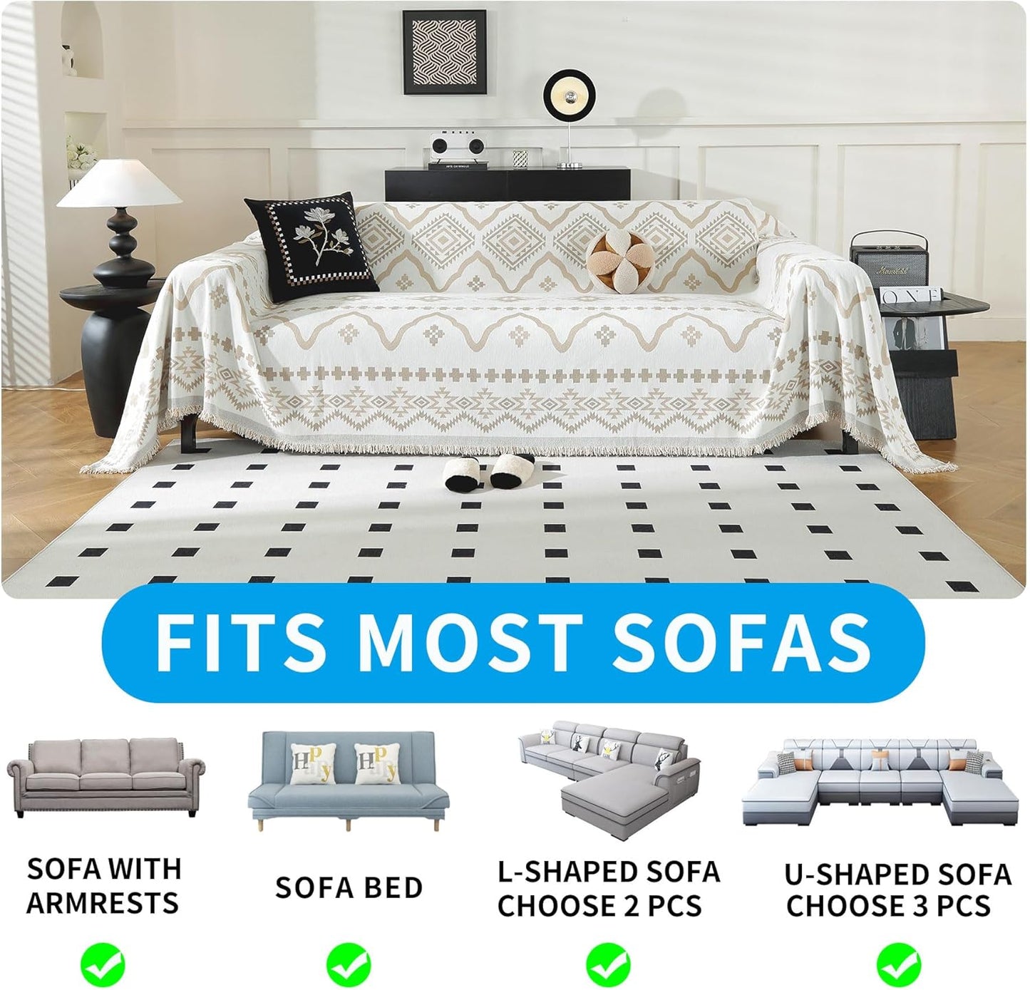 LUFEIJIASHI Boho Couch Covers for Sofa Non Slip Sofa Covers Washable Couch Covers for 3 Cushion Couch Sofa Pet Friendly Sectional Couch Cover Blanket Furniture Protector for Dogs (Khaki, 91"x134")