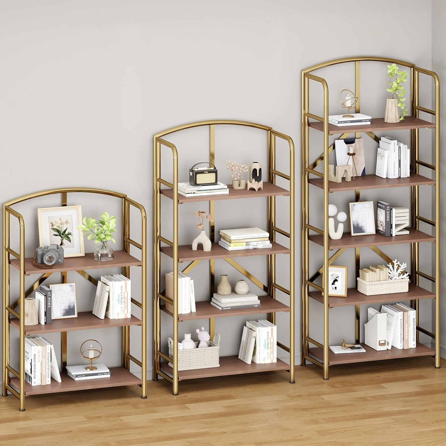 No-Assembly Folding Gold Bookshelf Storage Shelves 4 Tiers Vintage Multifunctional Plant Flower Stand Storage Rack Shelves Bookcase for Home Office