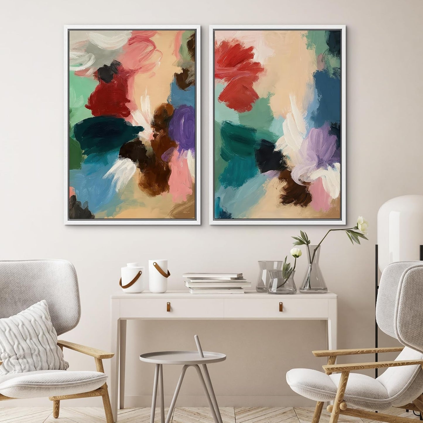 SIGNWIN Framed Wall Art Print Set Colorful Abstract Brushstroke Vibrant Illustrations Modern Art Rustic Relax/Calm Multicolor for Living Room, Bedroom, Office - 24"x36"x2 WHITE