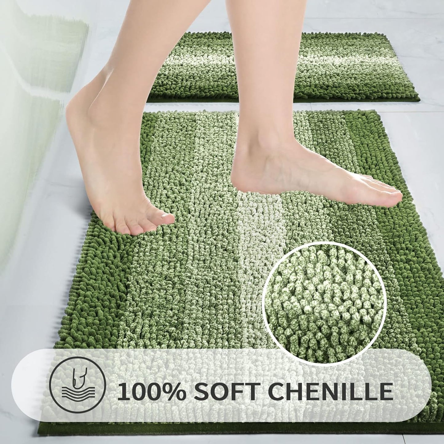 Gibelle Green Bathroom Rug Set 2 Piece, Chenille Non Slip Bath Mat Set, Absorbent Shower Rug and Bath Room Floor Mats, Quick Dry Bathmat Bathroom Decor Accessories for Tub, 16" x 24"