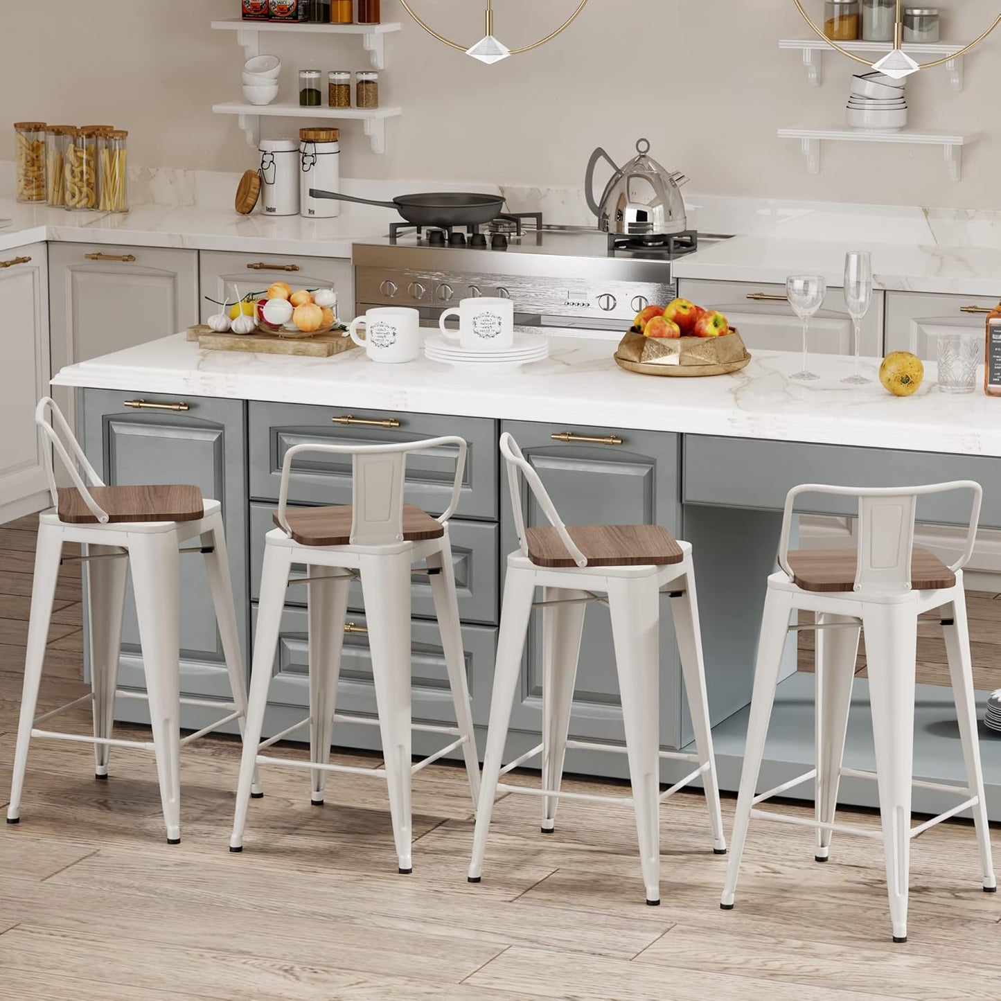 24 Inch Swivel Bar Stools Set of 4 with Backs Counter Height Industrial Metal Barstools Island Bar Chairs for Home Kitchen Dining Room (Swivel 24 inch, White Wooden)