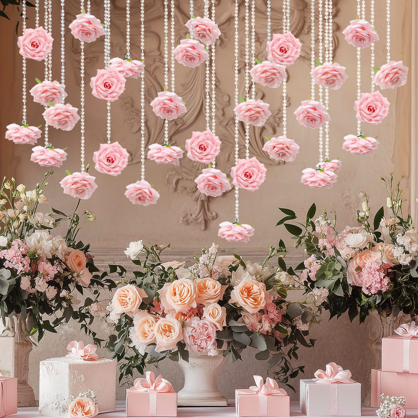 FYSUIMU 24Pcs 31.5 Inch Wedding Pink Artificial Rose Vine Garland Faux Flower Crystal Bead Hanging Garland for Valentine Birthday Wedding Party Decoration DIY Crafts Supplies