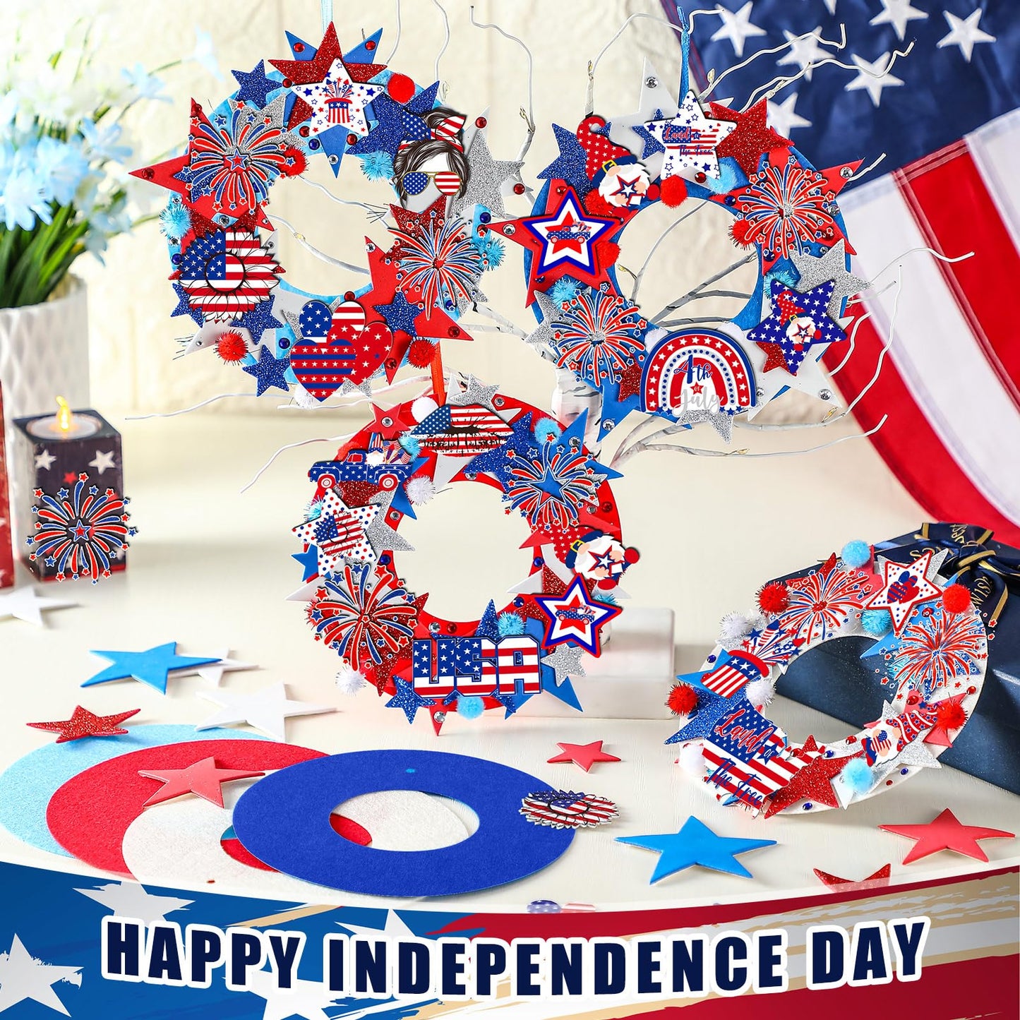 SmoothNovelty 405 Pcs 4th of July DIY Craft Kits Memorial Day Crafts Wreaths Patriotic Wreath Kits 32 Pcs Foam Wreath with 373 Patriotic Stickers for 250th Anniversary Independence Day Party Supplies