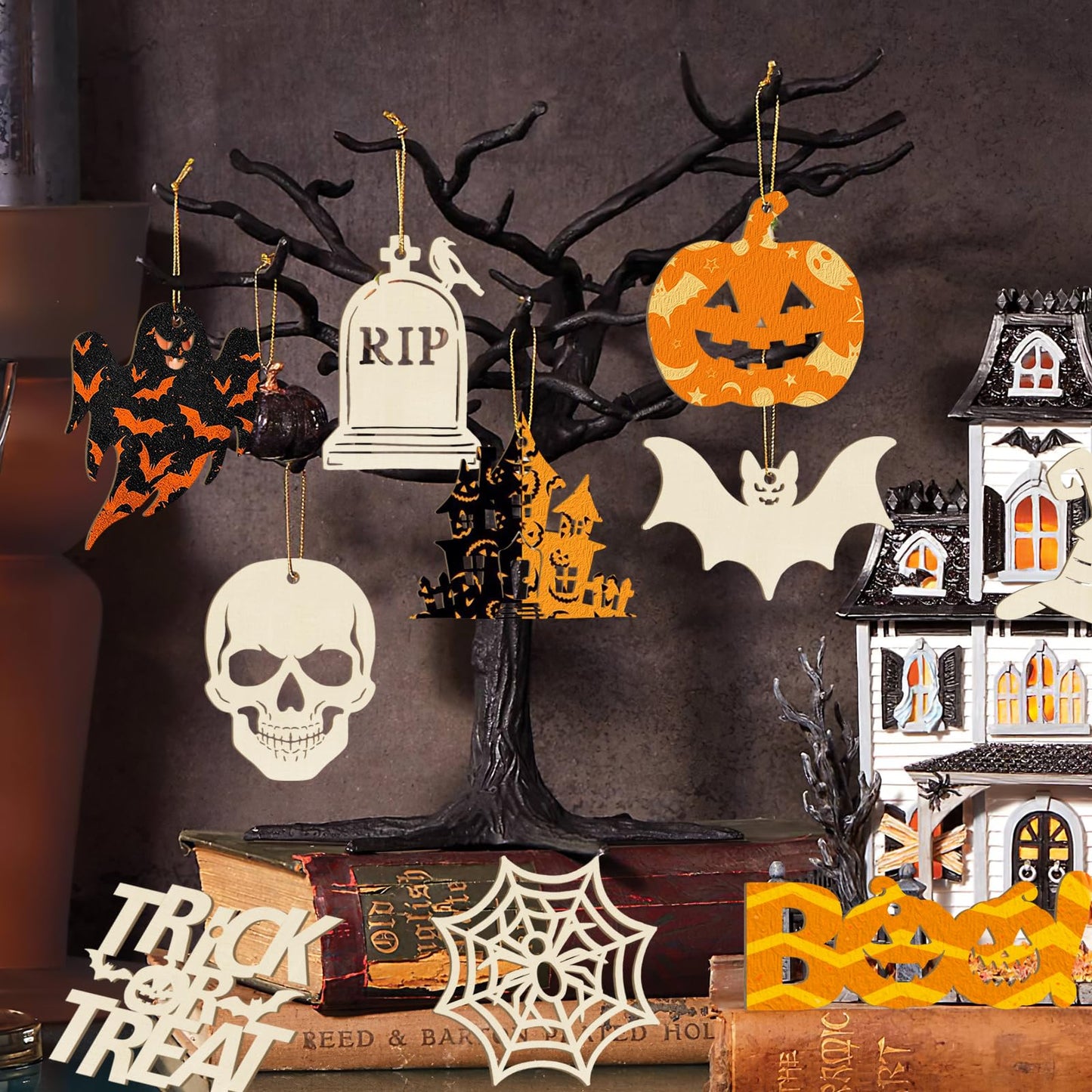 80PCS Wooden Halloween Ornaments to Paint Fall Decorations,10 Styles DIY Blank Autumn Unfinished Wood Skull Pumpkin Ghost Bat Boo Trick or Treat Halloween Cutouts Ornament for Crafts Party Hanging