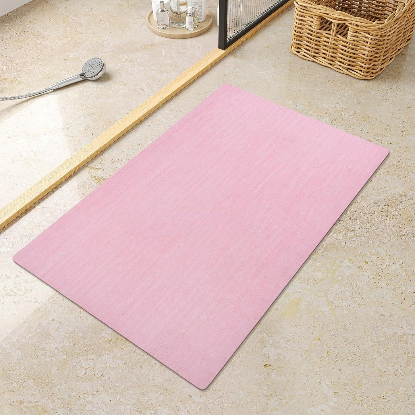 Mecko Bath Mat Rug, Ultra Thin Bathroom Rug -Rubber Non-Slip Quick Dry Absorbent Bath Mat Fit Under Door, Faux Suede Surface Bathroom Floor Mats for Bath, Shower, or Sink (Pink,16"x24")
