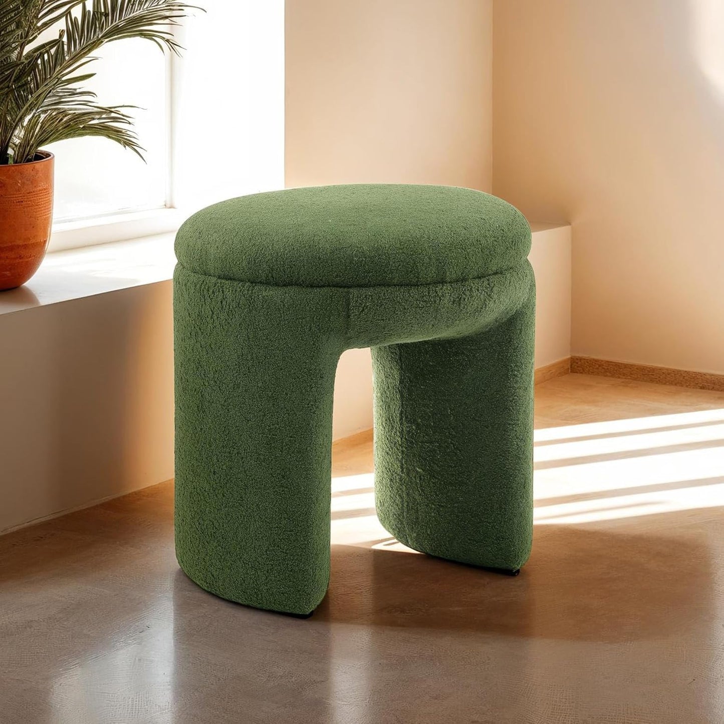 Furniture of America Rami Modern 18-inch Solid Wood Upholstered Ottoman with Pedestal Base, Vanity Stool Chair, Small Foot Stool for Bedroom, Living Room, Entryway, Green