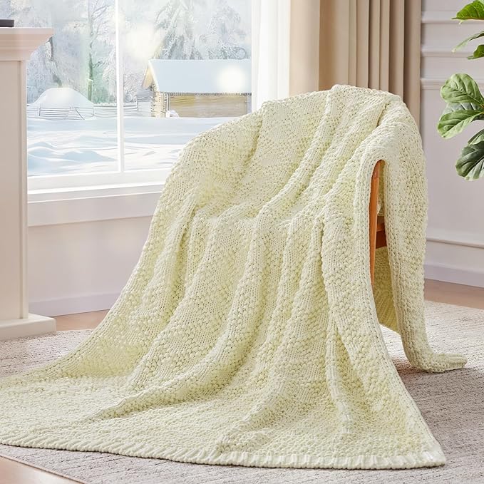 Knitted Weighted Blanket for Adult, Chunky Knit Weighted Throw for Sleep 60"*80" 10lbs, Cooling Breathable Machine Washable Heavy Blanket for Room Decor (Cream White, Queen)