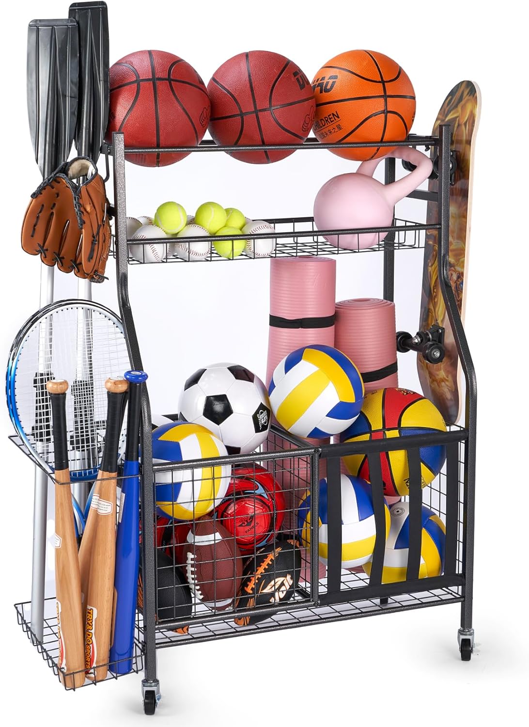 Sinoer Garage Organizer for Sports Equipment - Includes Hooks & Ball Storage Rack, Fits Golf Clubs, Bats, Basketball, Football, Soccer + Toy Storage, Space-Saving Desig