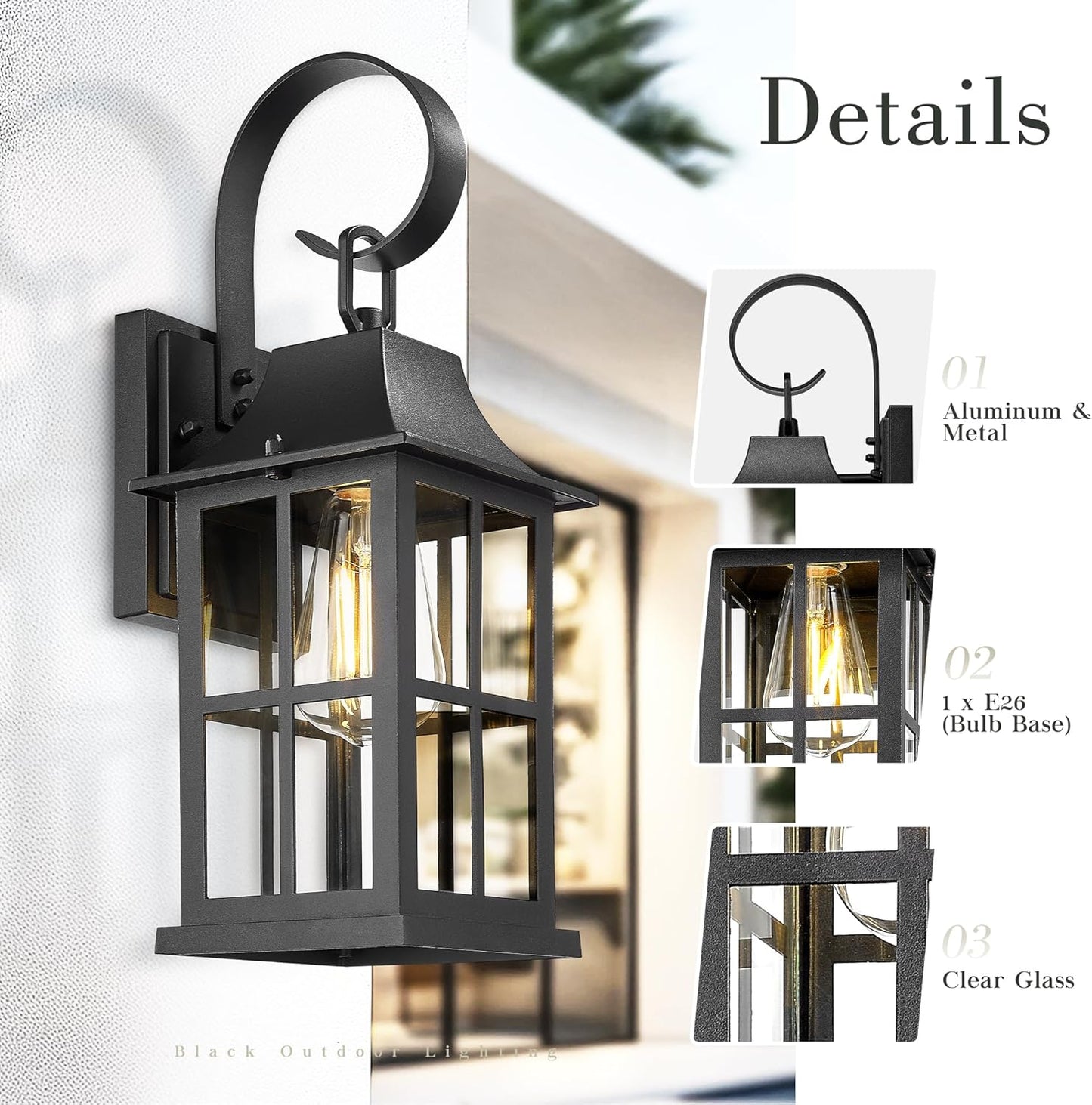 Emliviar 15.4" Wall Sconces Set of Two, Outside Wall Light Fixtures with Clear Glass, Matte Black Coach Lamps for Front Door, YXE306B-2PK BK