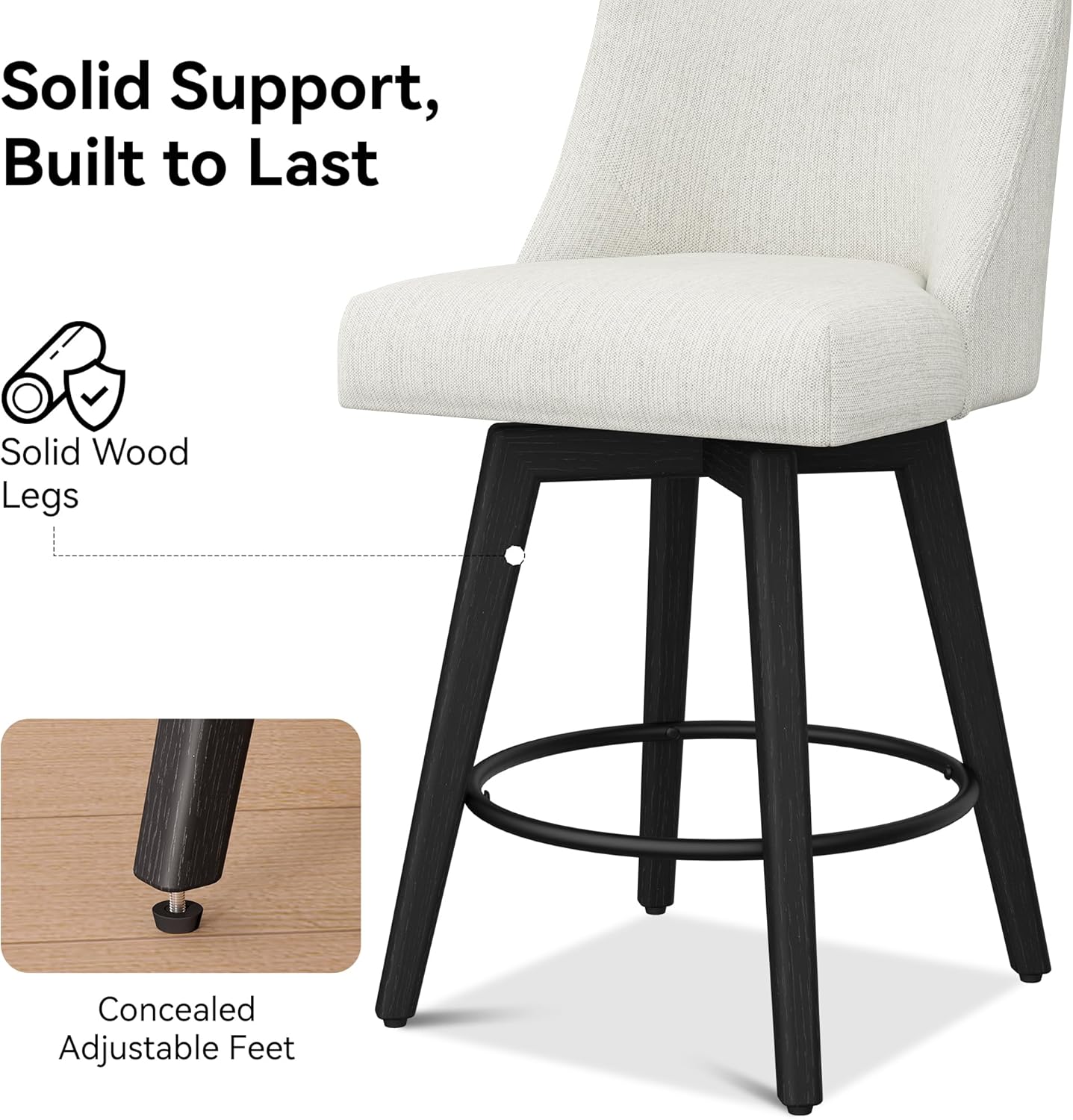 Counter Height Bar Stools Set of 6, Modern Swivel Barstools with Back and Wood Legs, Linen Fabric Upholstered Bar Chairs, 26" H Kitchen Counter Stools, Kitchen Island Home Bar, Ivory