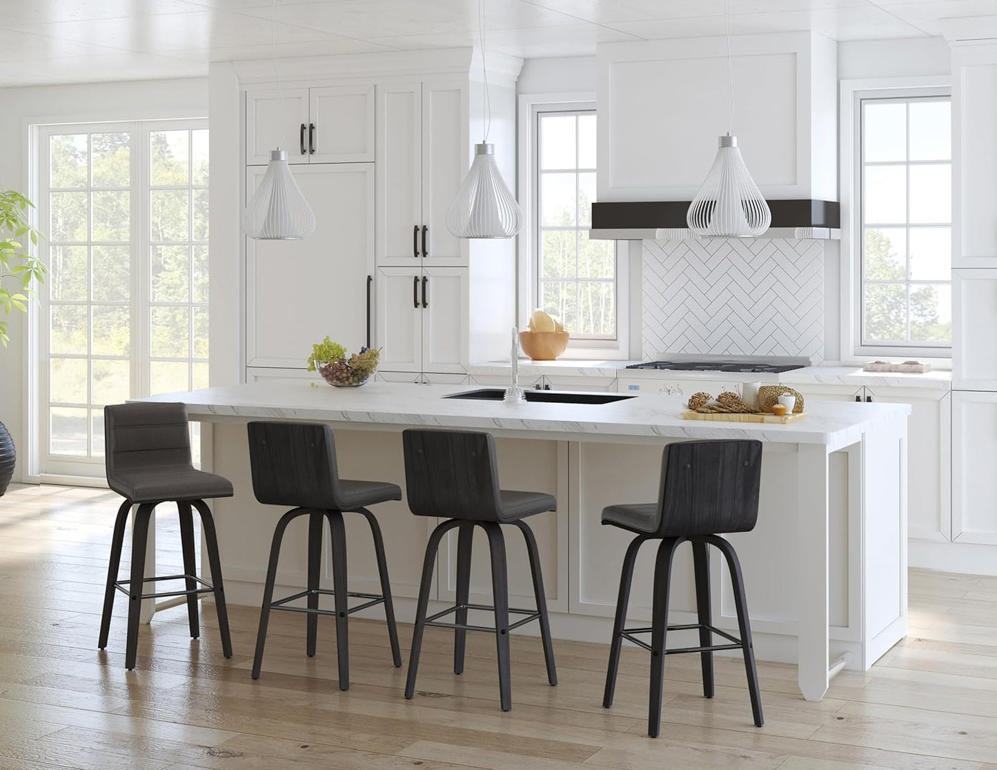 Armen Living Vienna 26" Swivel Counter Stool in Black Wood Finish with Gray Faux Leather - Set of 3