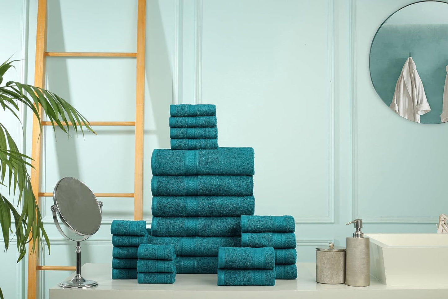 HILLFAIR 100% Cotton Towels Set for Bathroom, Quick Drying, High Absorbent 24Pc Towel Set, 2 Bath Sheets, 4 Bath Towels, 6 Hand Towels, 4 Fingertip Towels, 8 Washclothes: Teal (600GSM-24PC-TEAL)