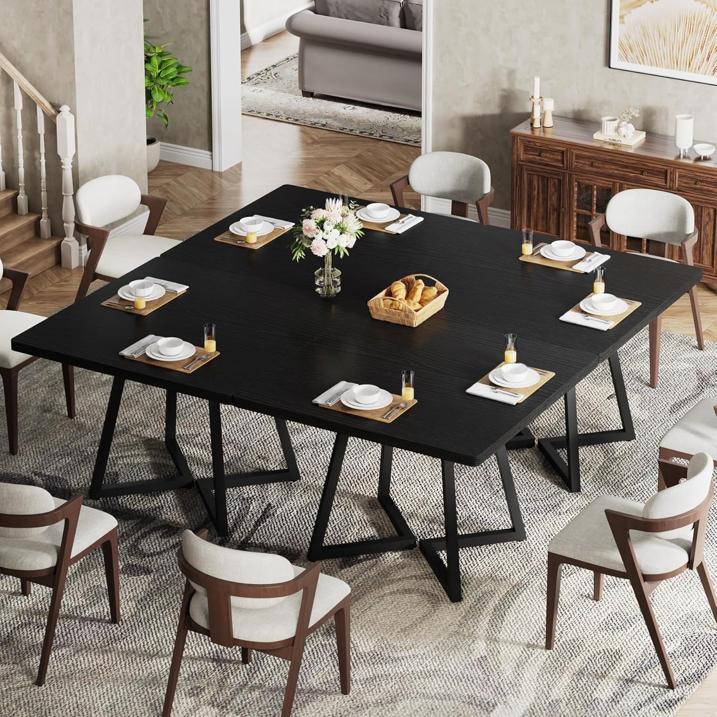 Tribesigns Square Dining Table for 8, 31.5" Industrial Dinner Table with Metal Base, Kitchen Table for Dining Room, Small Space, Apartment, Black