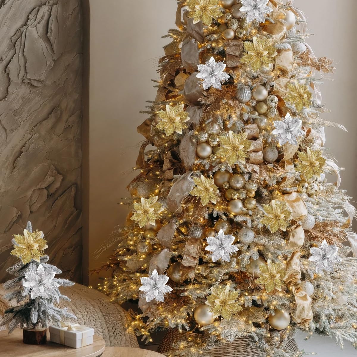 12 Pcs Christmas Glitter Poinsettia Flowers with Clips Stems Xmas Tree Wreaths Garland Decoration Ornaments Artificial Floral Picks Decor for DIY Wreath New Year Wedding Home Party (Gold Silver)