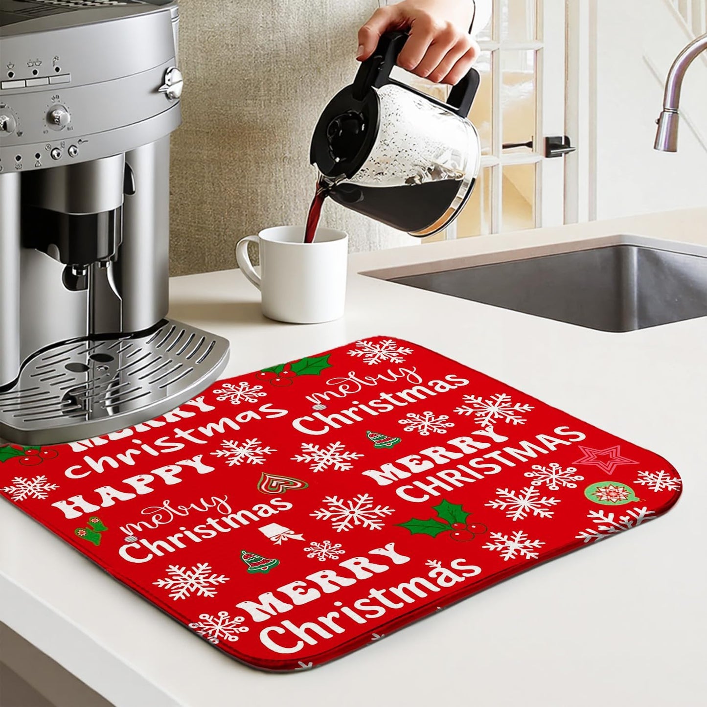 Red Christmas Drying Mat for Kitchen Counter 18" X 24" Christmas Dish Drying Mat for Kitchen Decor Red Xmas Drying Mats For Home Counter Drying Mats For Dishes Dish Mat Drying Mat