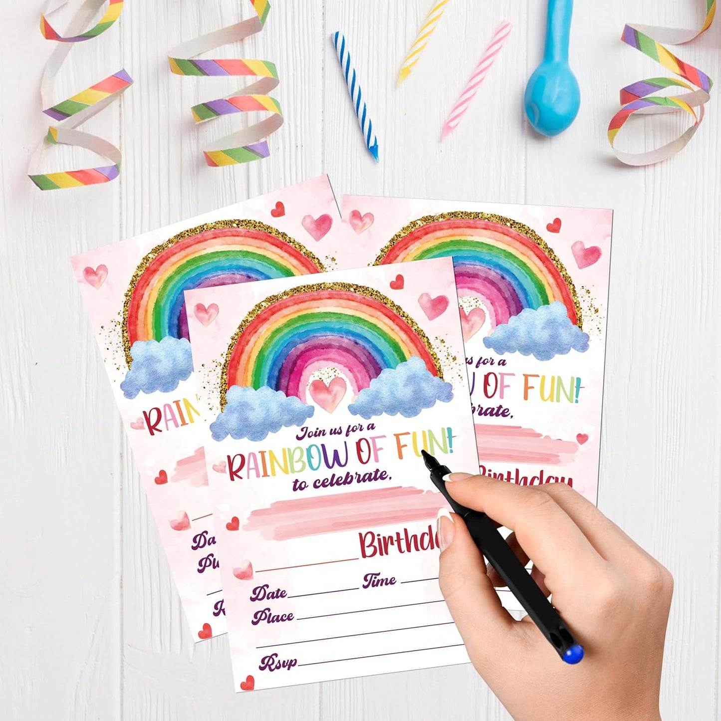 Rainbow Birthday Invitations, 20 Invitation Cards with Envelopes, Colorful Clouds Invites for Girl Party Decorations Favor Supplies - A09