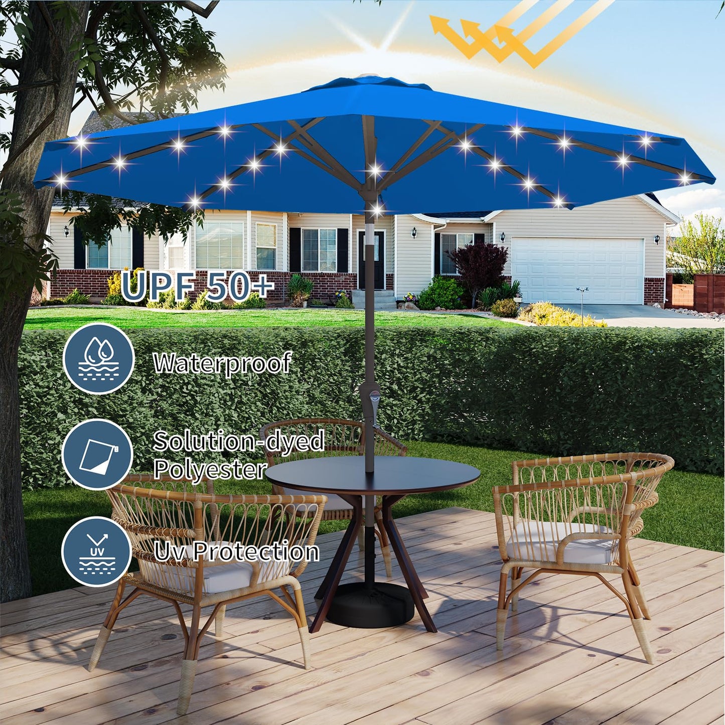 Tobeos 9FT Patio Umbrella with Solar Lights,Outdoor Market Umbrella with Tilt and Crank, LED Lighted Table Umbrella for Garden,Deck,Backyard,Pool,Beach (Royal blue)