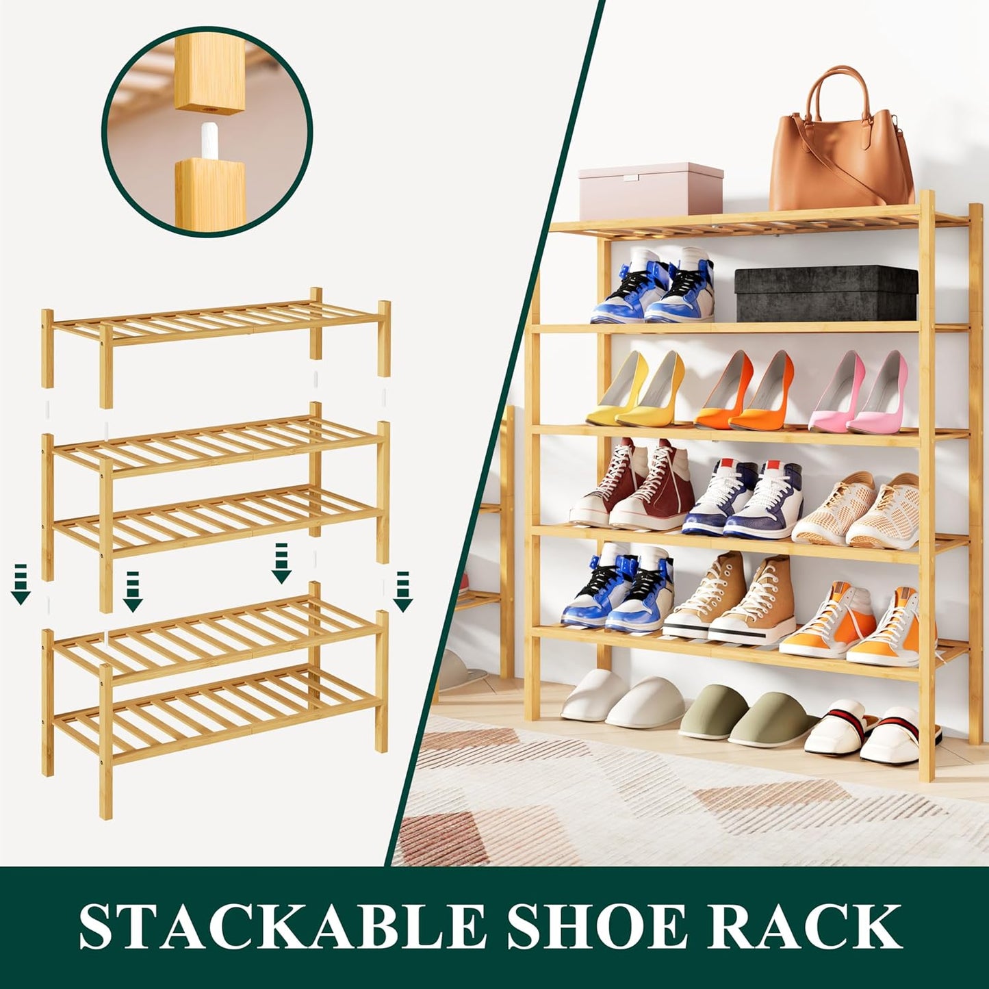 Smiry Shoe Rack, 3 Tier Bamboo Shoe Organizer, Stackable Free Standing Wooden Shoe Storage Shelf for Closet, Entryway, Front Door Entrance, Natural