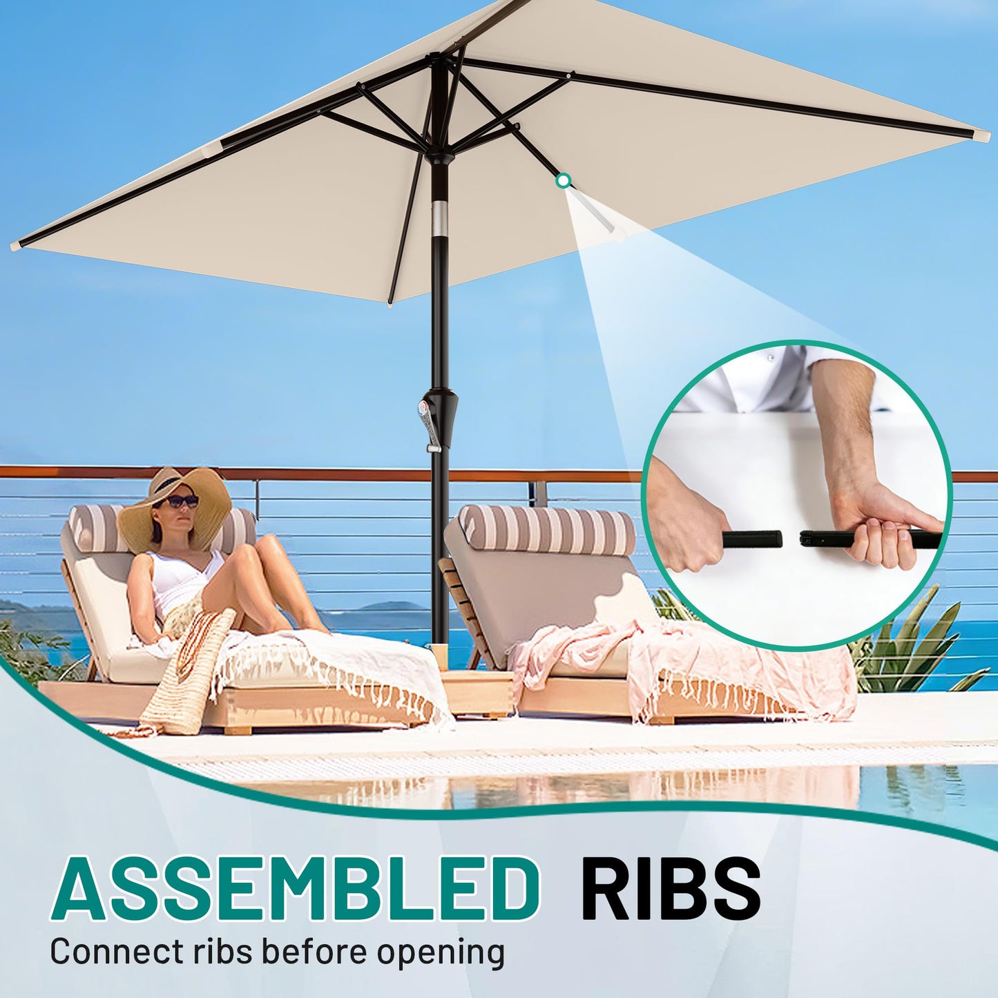 AreShark 6.5' x 10' Rectangular Patio Umbrellas for Outdoor, Outdoor Table Umbrella, Large Outdoor Patio Umbrellas with 6 Sturdy Ribs for Pool, Garden, Deck & Market (Cream-White)