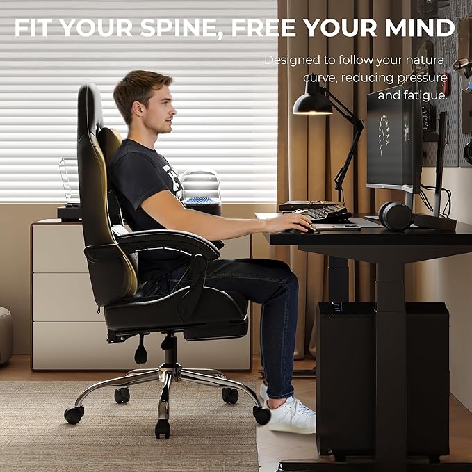 Gaming Chair with Footrest & Massage Lumbar, Ergonomic Computer Chair 330lbs with Headrest Pillow for Office, Home, Streaming and Long Gaming Sessions,Dark Black