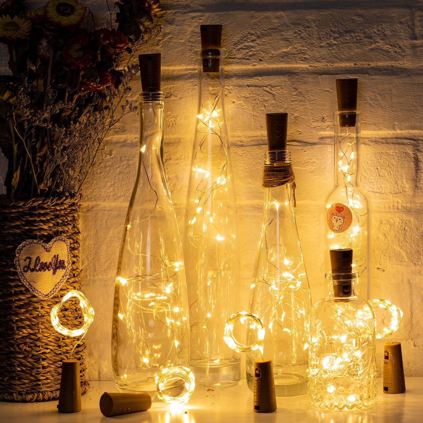 Brightown Wine Bottle Lights with Cork, 20 Pack 20 LED Waterproof Battery Operated Cork Lights, Silver Wire Mini Fairy Lights for Liquor Bottles DIY Party Bar Christmas Holiday Wedding Décor
