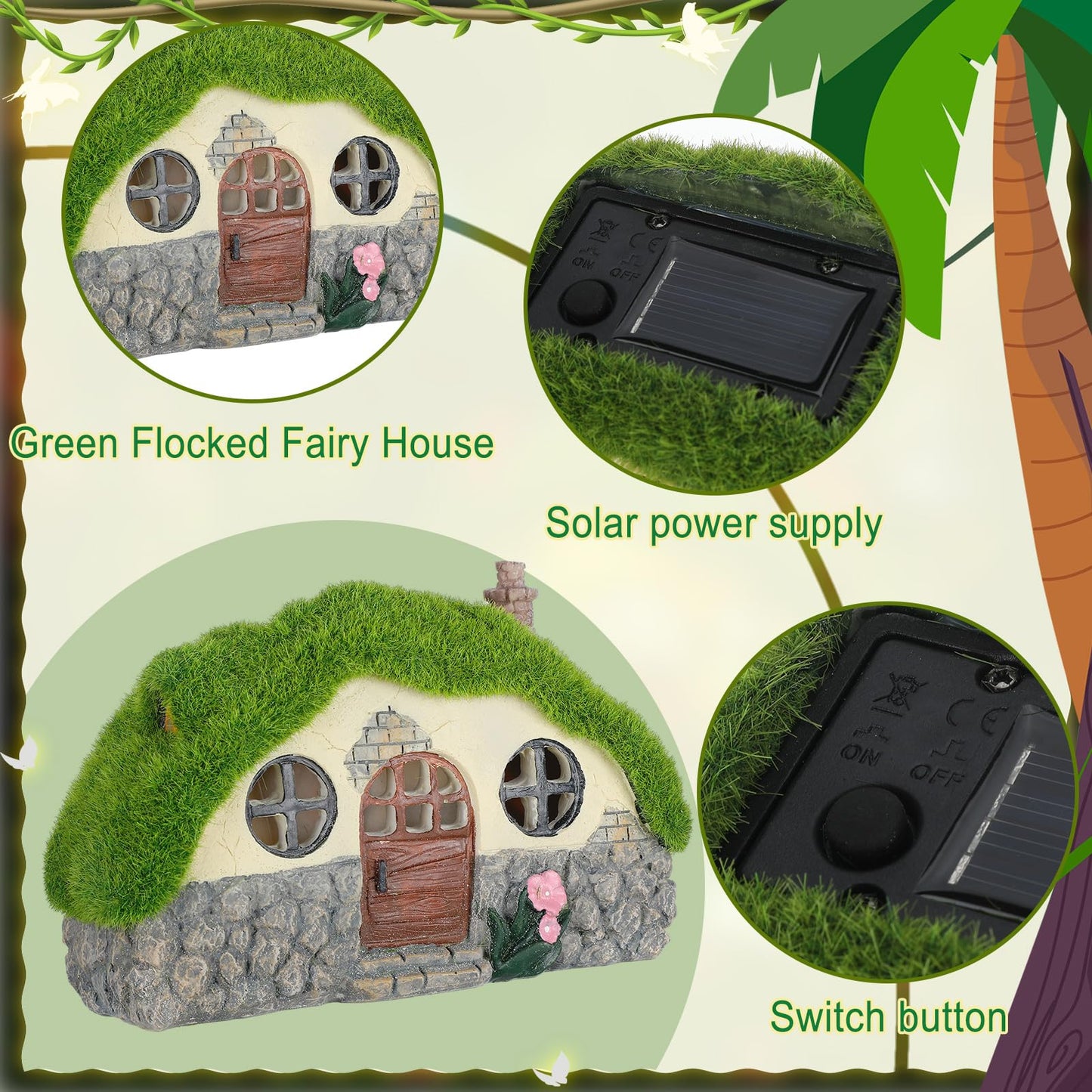 Roowest 57 Pcs Solar Fairy House Garden Accessories Kit Light up Mushroom House Resin Fairy Village Figures Garden Resin Miniature Fish Pond Figures Micro Landscape Outdoor Decorations