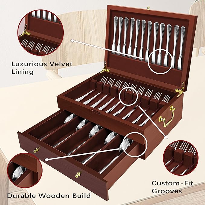 Silverware Storage Box Solid Wood with Lid, 2 Layer Silverware Storage Chest, 15.5'' ×11.5'' Silverware Organizer with Handle and Felt Lined, Chest for Flatware Setting Up 30