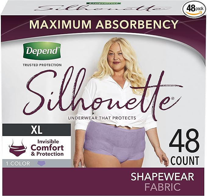 Depend Silhouette Adult Incontinence and Postpartum Underwear for Women, Extra-Large (50–60" Waist), Maximum Absorbency, Purple, 48 Count (2 Packs of 24)