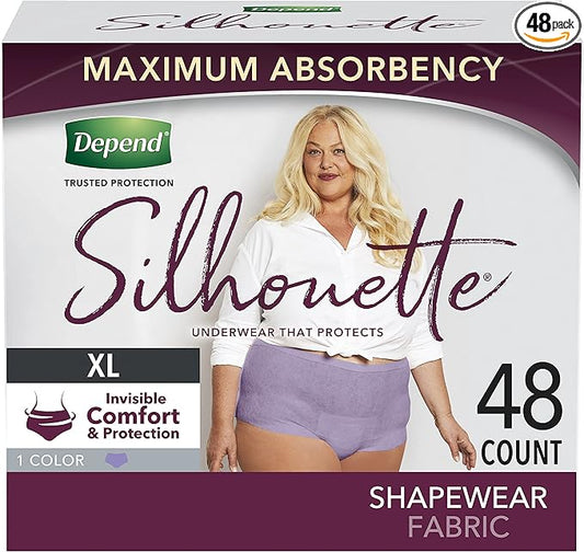 Depend Silhouette Adult Incontinence and Postpartum Underwear for Women, Extra-Large (50–60" Waist), Maximum Absorbency, Purple, 48 Count (2 Packs of 24)