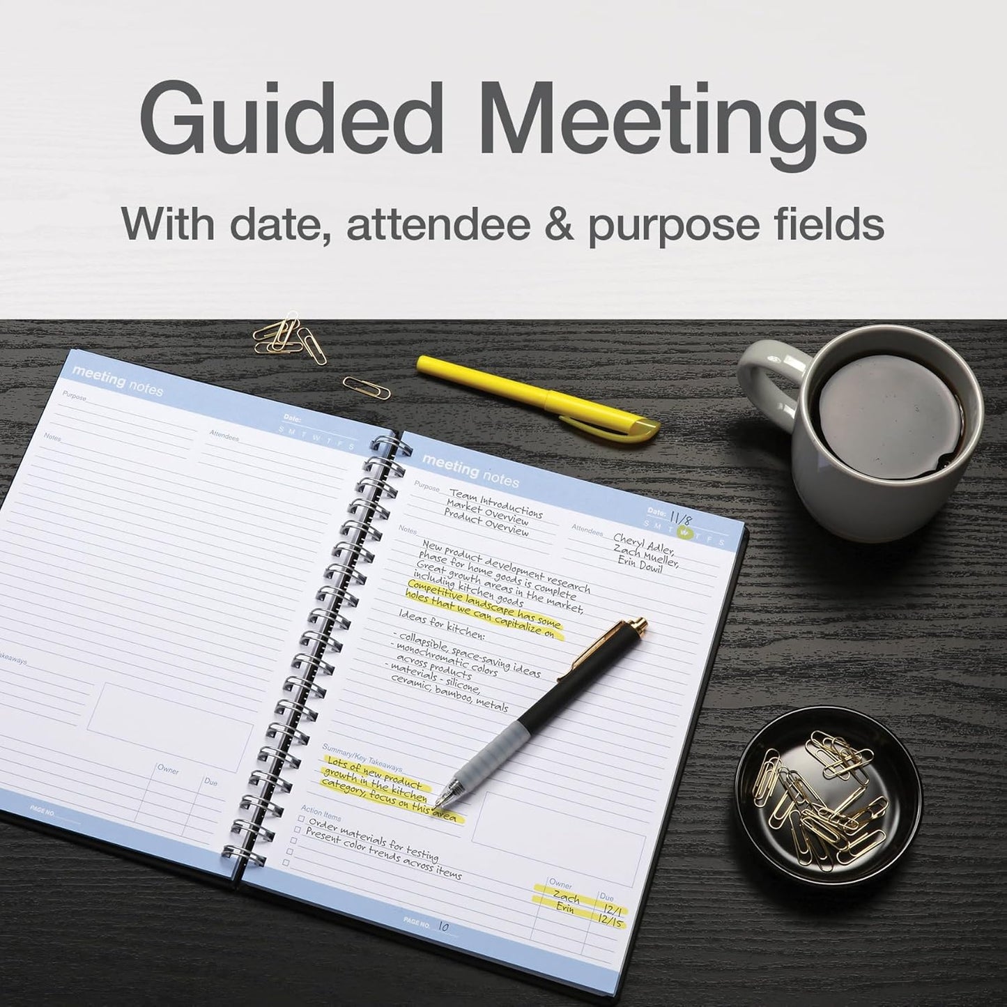 Oxford Meeting Notebook, Undated, Customizable Work Notes, Spiral Bound, Black Cover, Heavyweight 32 lb. White Paper, 7.5" x 10", 160 Pages (63830)