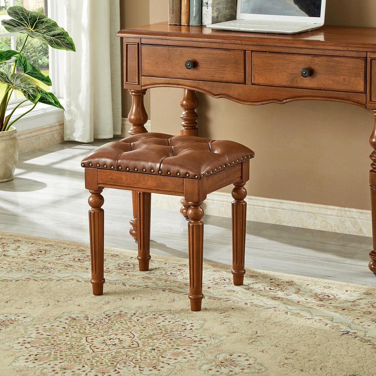 Vanity Bench Stool with Microfiber Leather Cushion, Vanity Chair Ottoman Dressing Stool with Solid Wood Legs for Bedroom, Makeup Room, Dressing Room (Brown)