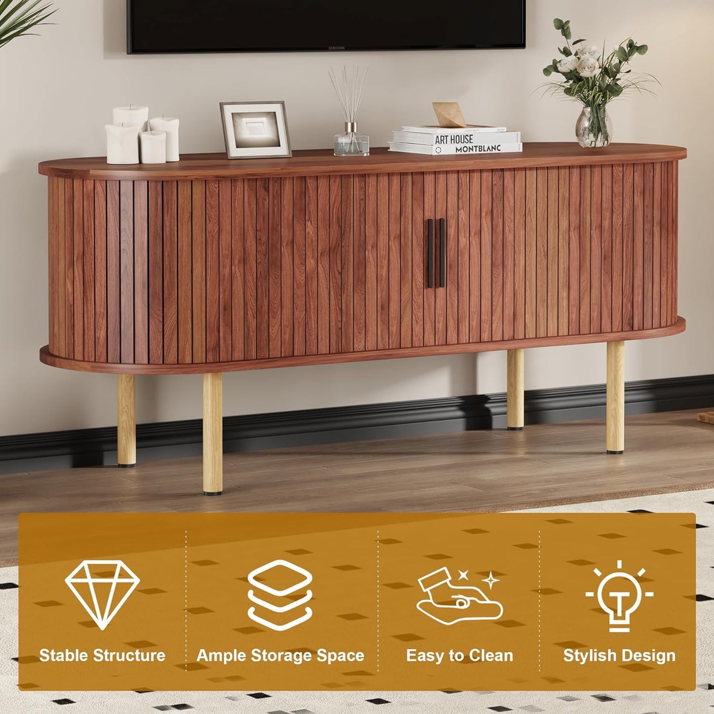 GarveeHome 47.2" TV Stand, Modern TV Console Table with Storage Compartment and Sliding Door, Gaming Entertainment Center with Cabinet for Living Room, Bedroom, Office, Walnut
