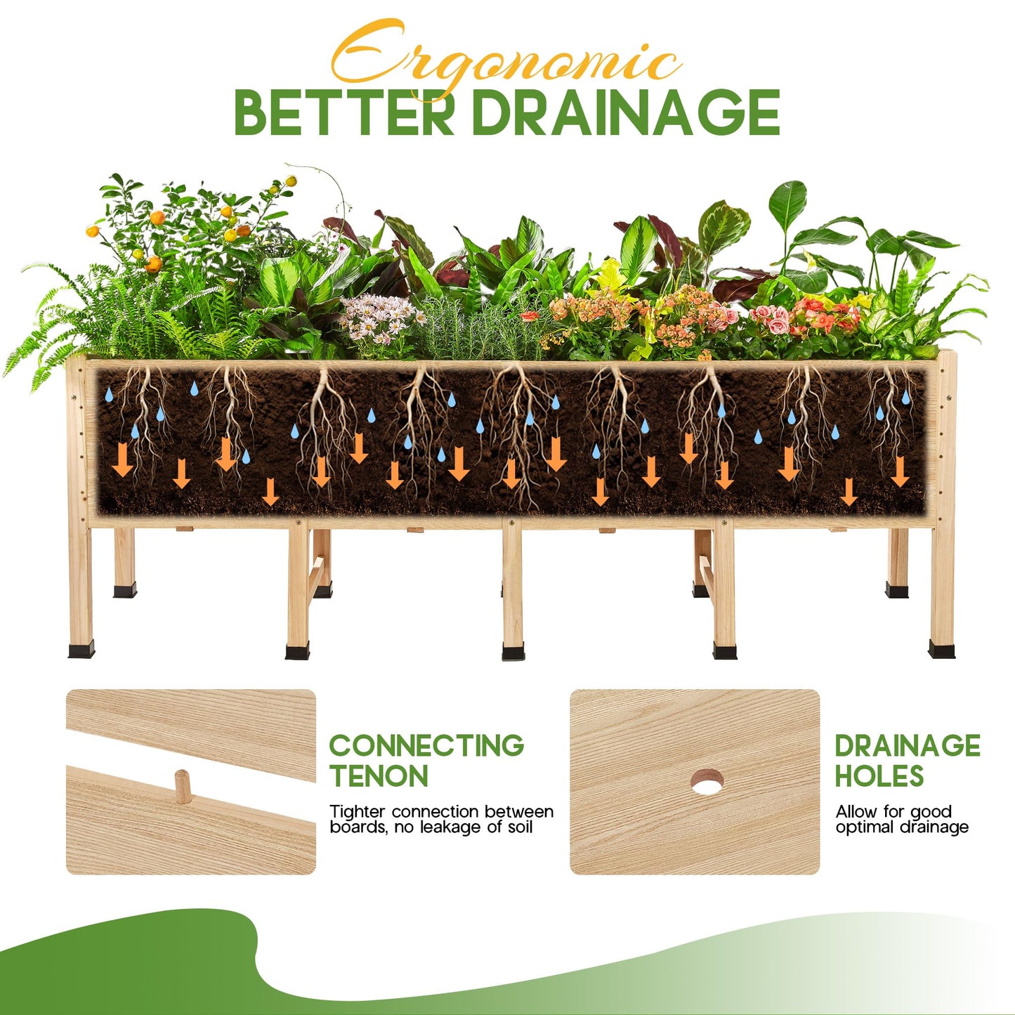 AMERLIFE 7x2 Ft Raised Garden Bed, 16 Inch Depth Featuring Legs, Drainage Holes, Ideal for Deep Rooted Vegetables, Flowers, Herbs, Elevated Wood Planter Box for Balcony, Patio, Backyard, Easy Assembly