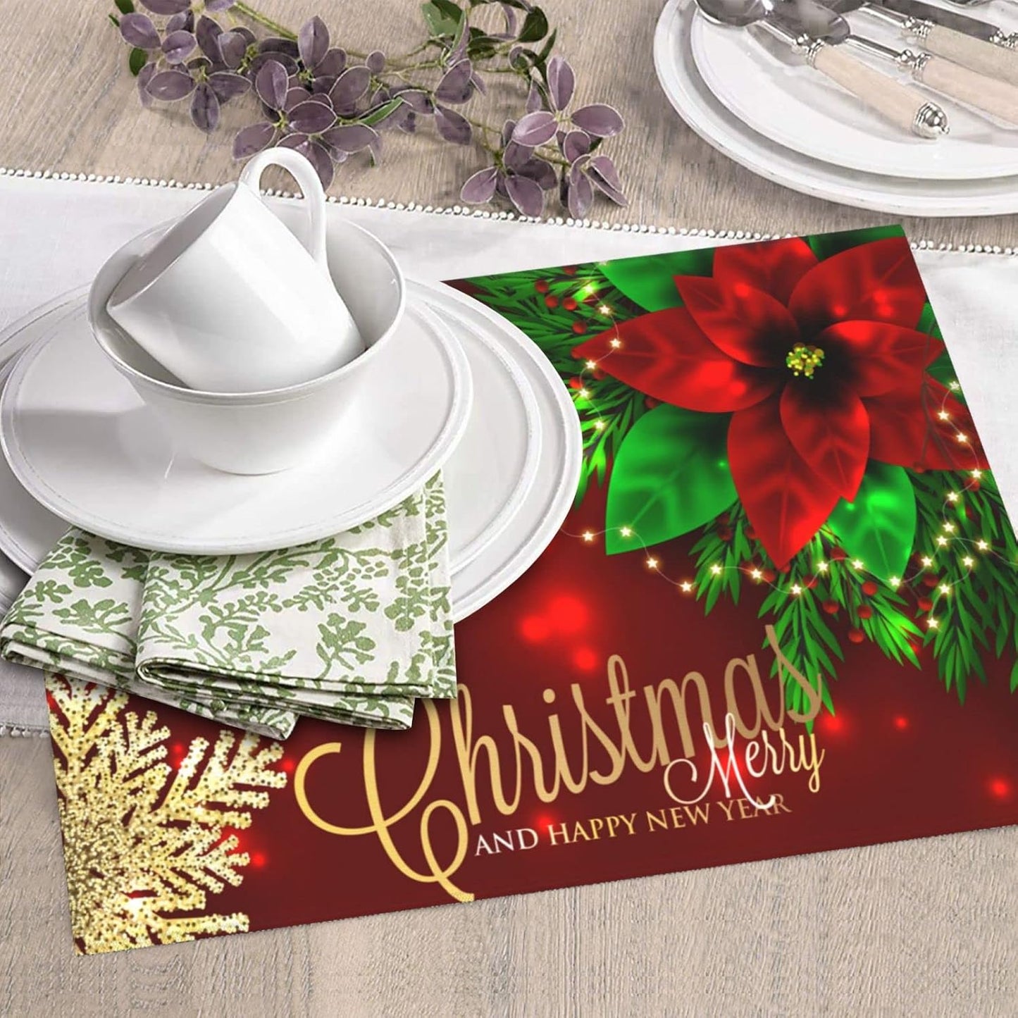 Christmas Dish Drying Mat for Kitchen Counter Poinsettia Gold Snowflake Xmas Absorbent 16x18 Inch Microfiber Dishes Protector Dry Draining Pad Reversible Washable