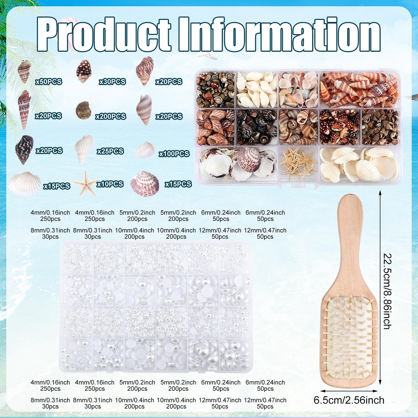 Potchen 6 Set Mermaid Hairbrush Kit DIY Creative Seashell Hairbrush with Mix Flatback Rhinestones Half Pearls Small Scallop Shell Decorate Your Own Hair Brush for Girls Women Bride Mermaid Party Favor