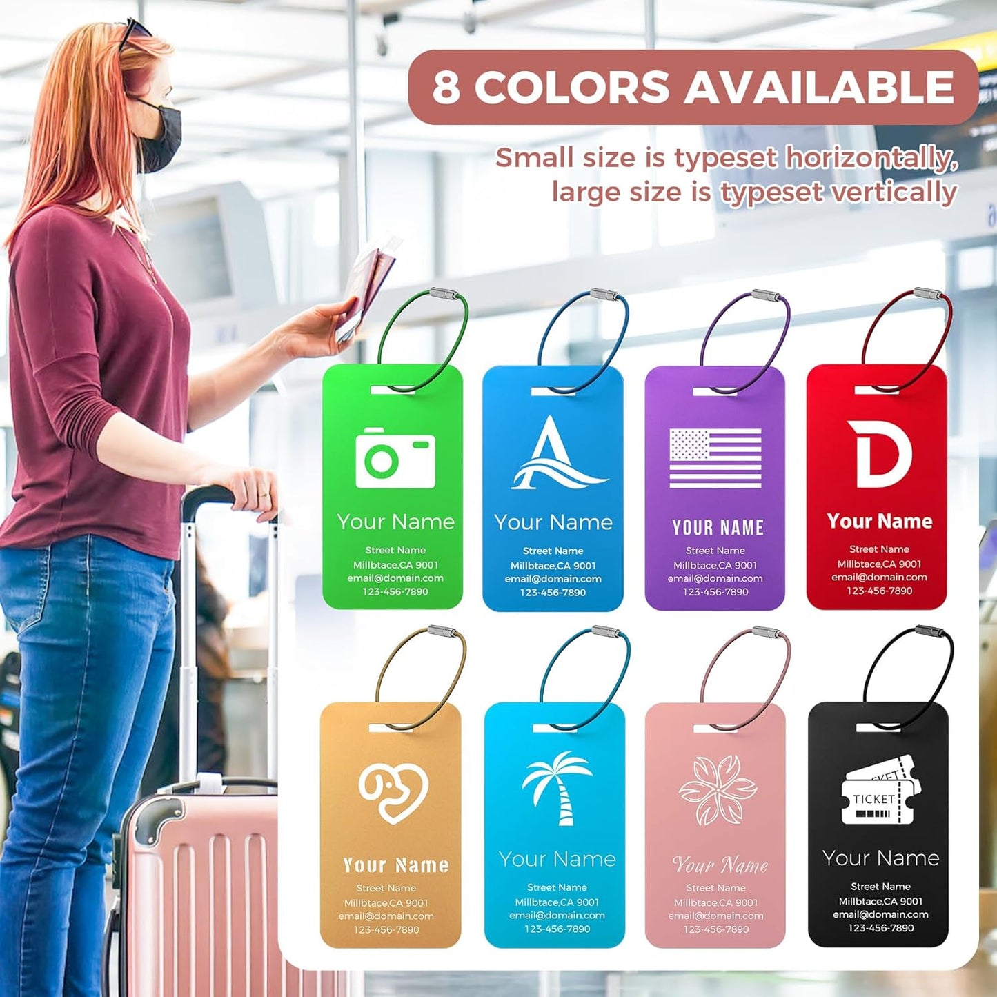 Personalized Luggage Tags, Custom Luggage Tags 4 Pack TSA Approved Double Sided Laser Engraving, Metal Luggage Tag for Suitcases with Stainless Loops, Name Tag for Bags, Backpacks (Pink)