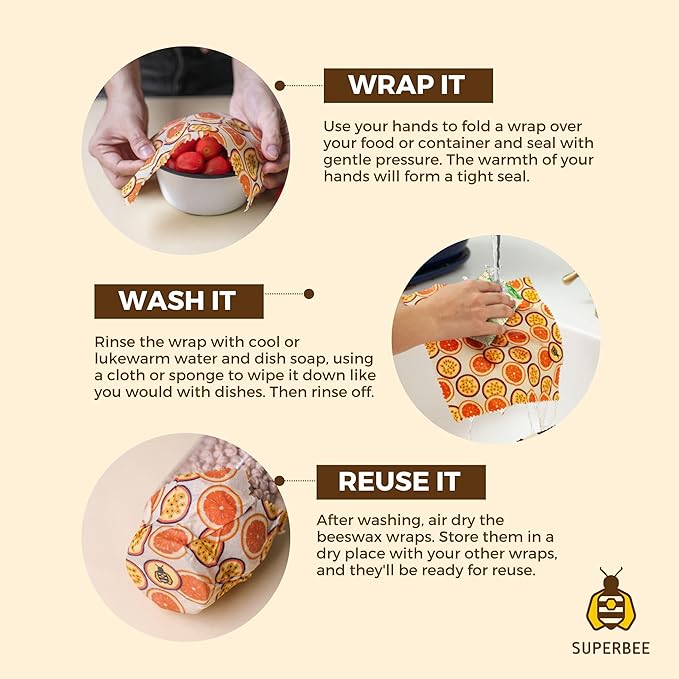 SUPERBEE Beeswax Wrap for Food, Set of 3 Bees Wax Wraps, Reusable Bees Paper for Wrapping Vegetables, Cheese, Bowl Covers and Sandwich Wrapping Paper, Beeswax Food Wraps (BeeIndigo)