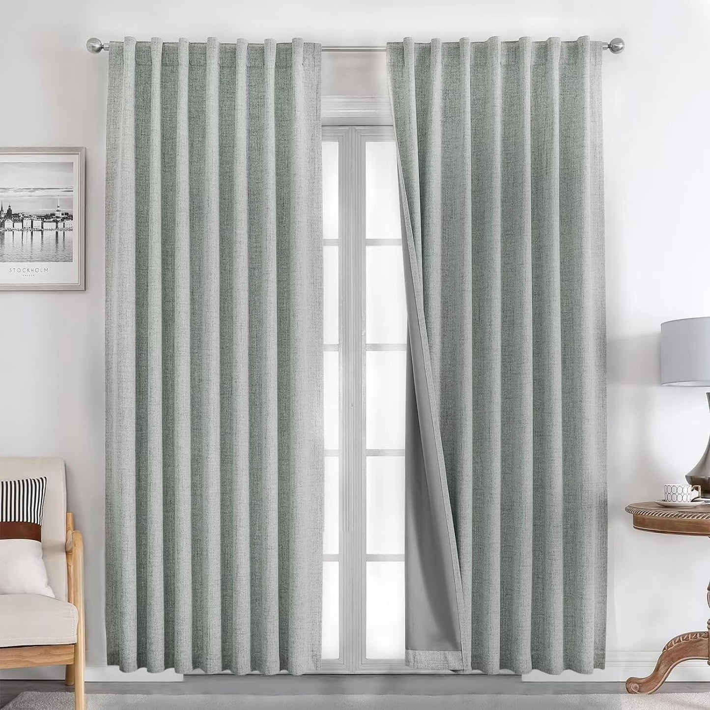 Joydeco Natural Linen Curtains 96 inch Length 2 Panels Set Burg 100% Blackout Patio Door Curtain Room Darkening Sliding Door Curtains Thermal Insulated Back tab Rod Pocket(105x96 inch, Sage Green)