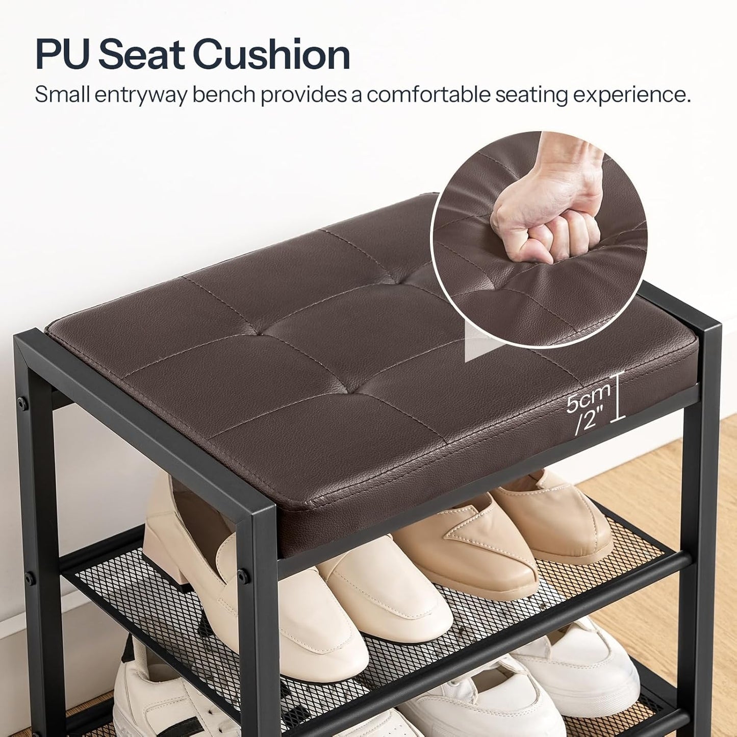 HOOBRO Small Shoe Bench, 3-Tier Shoe Rack, Shoe Storage Bench with PU Seat Cushion, Entryway Shoe Rack Bench with Metal Mesh Shelves, Freestanding Shoe Organizer for Hallway, Brown CB33HX01